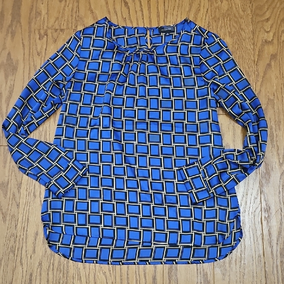 THE LIMITED Royal Blue Satin Long Sleeve Checked Blouse Sz Medium - Picture 1 of 6